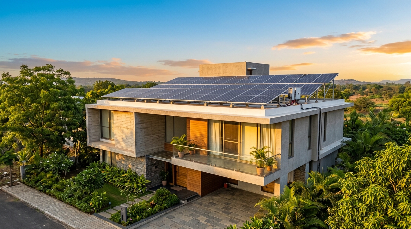 Modern Indian house with rooftop solar panels in Narmadapuram Madhya Pradesh